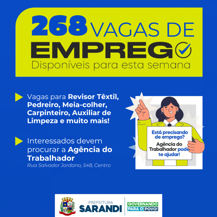 Agência do Trabalhador de Sarandi inicia semana com 268 vagas de emprego e oportunidades para diversos setores