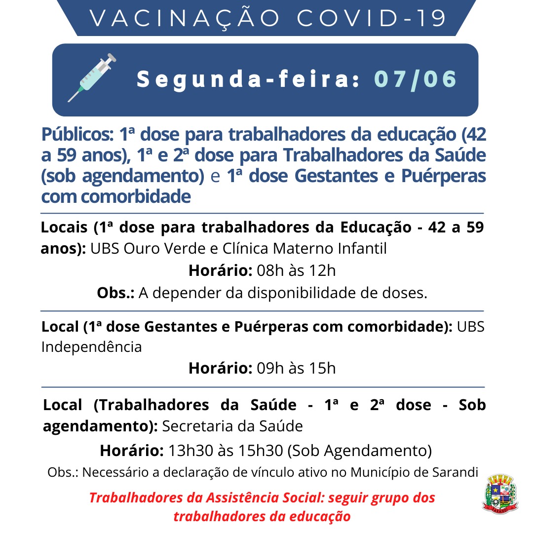 Cronograma de Vacinação contra Covid-19 - Segunda-feira - 07/06/2021