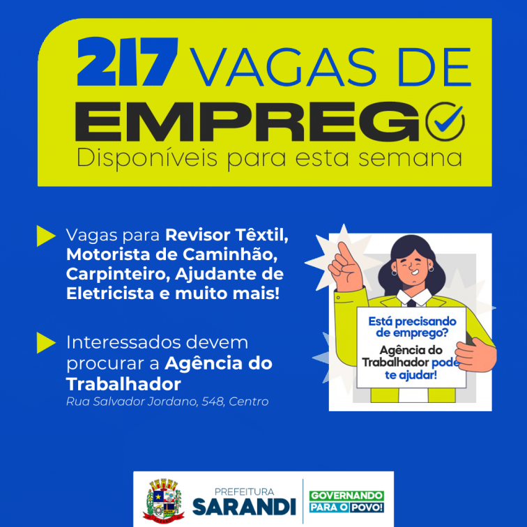 Agência do Trabalhador de Sarandi inicia semana com 217 vagas de emprego e entrevistas com empresas contratando