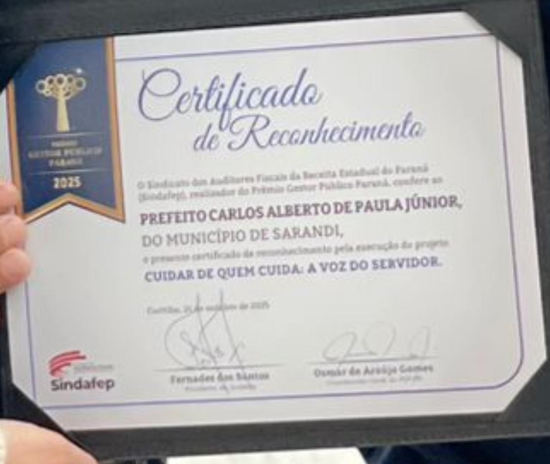 Sarandi recebe certificado prêmio Gestor Público Paraná por projetos na educação