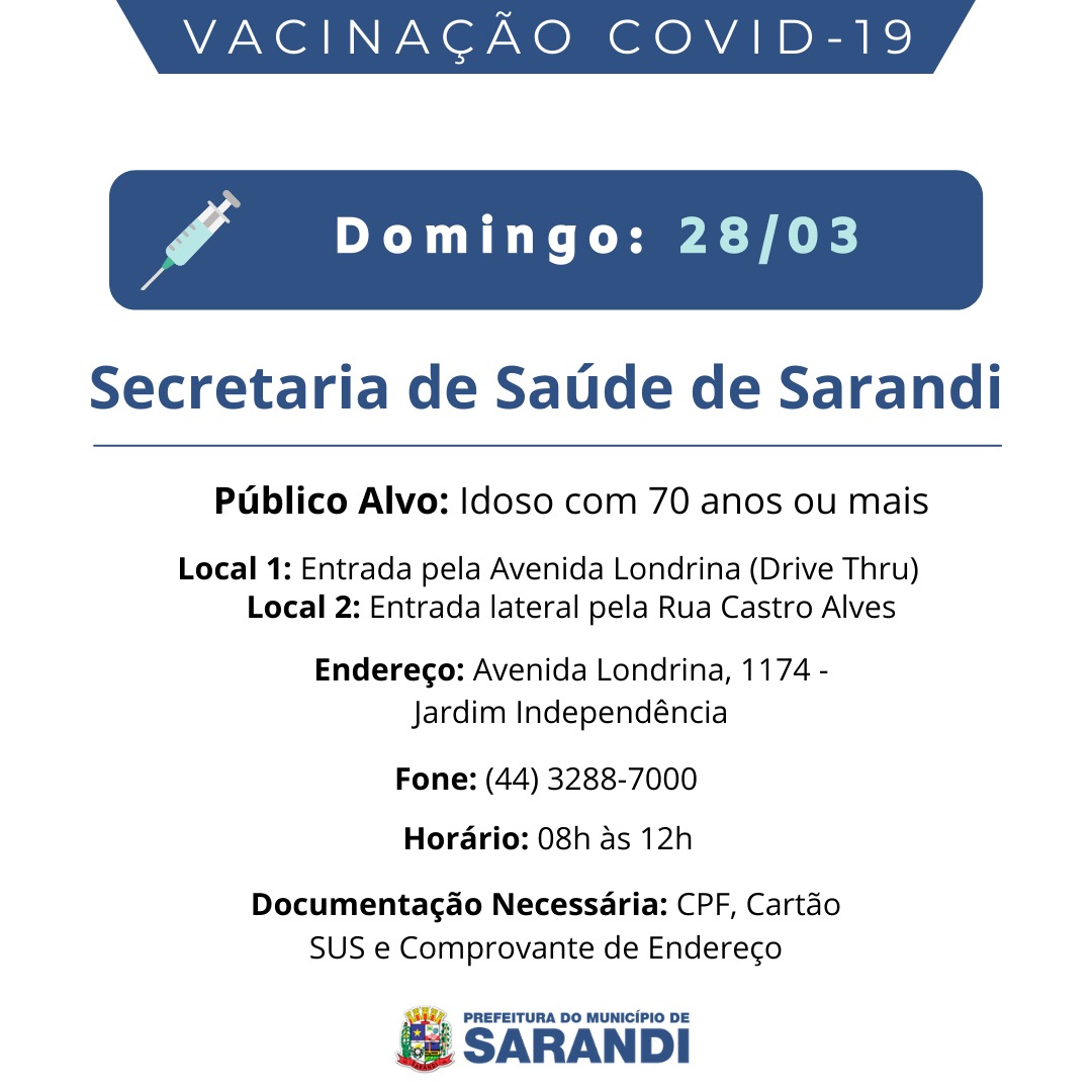 Cronograma de Vacinação contra Covid-19 - Domingo - 28/03/2021