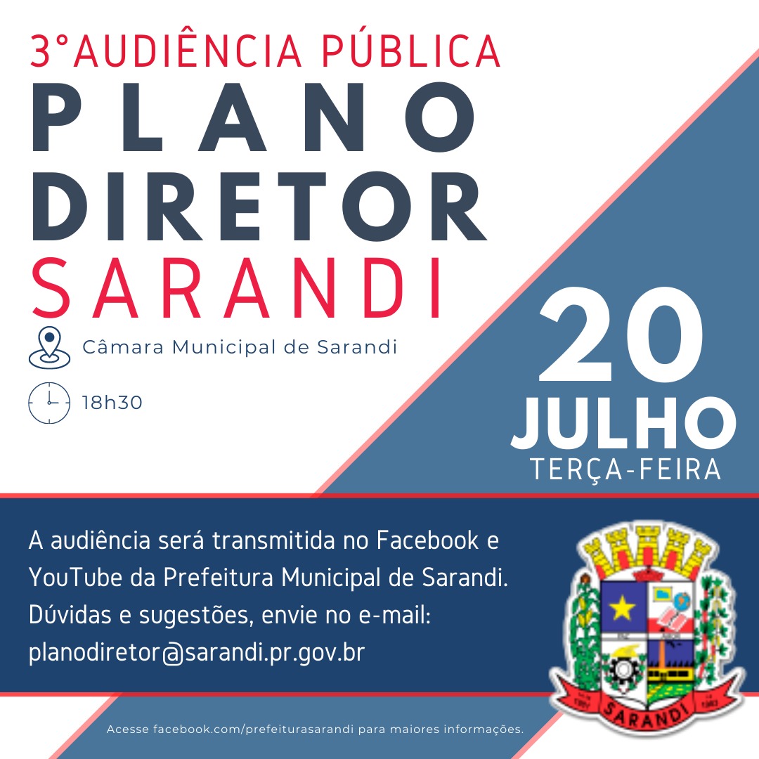 3ª Audiência Pública - Plano Diretor será transmitida no Facebook e YouTube da Prefeitura de Sarandi