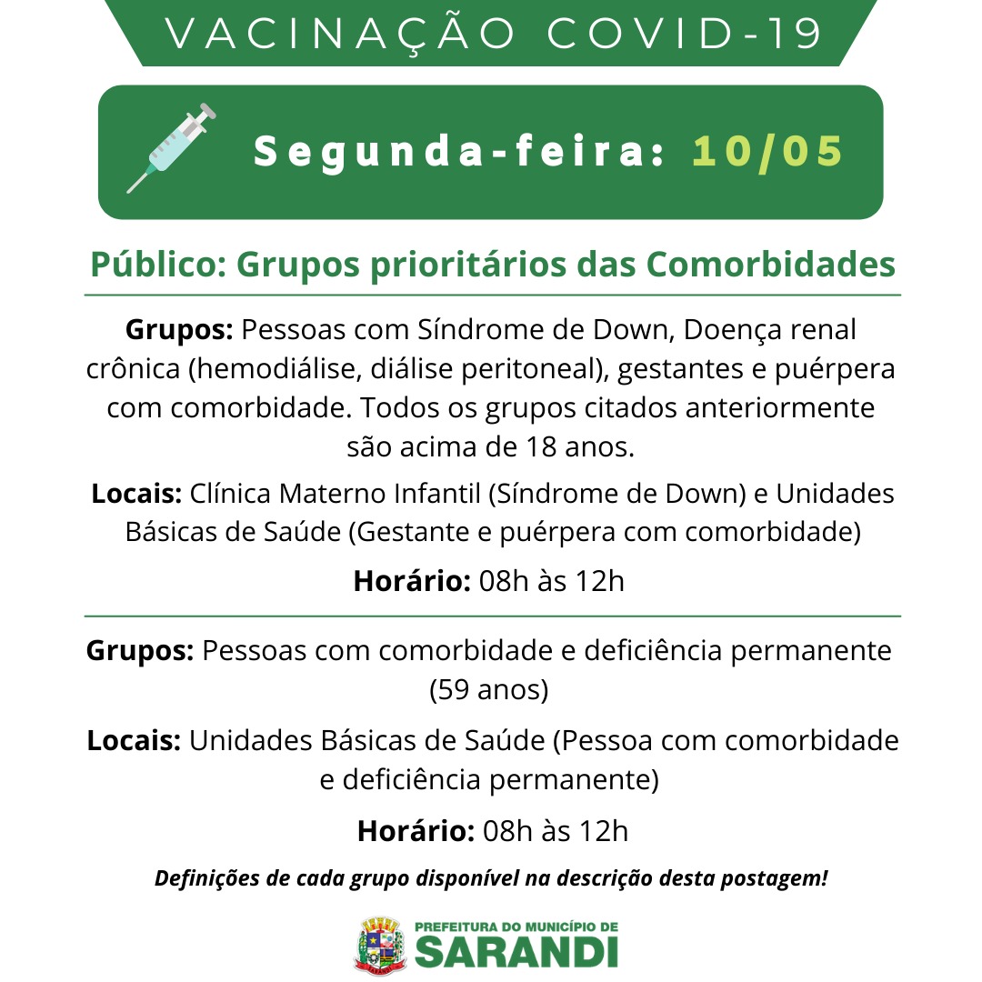 Cronograma de Vacinação contra Covid-19 - Segunda-feira - 10/05/2021