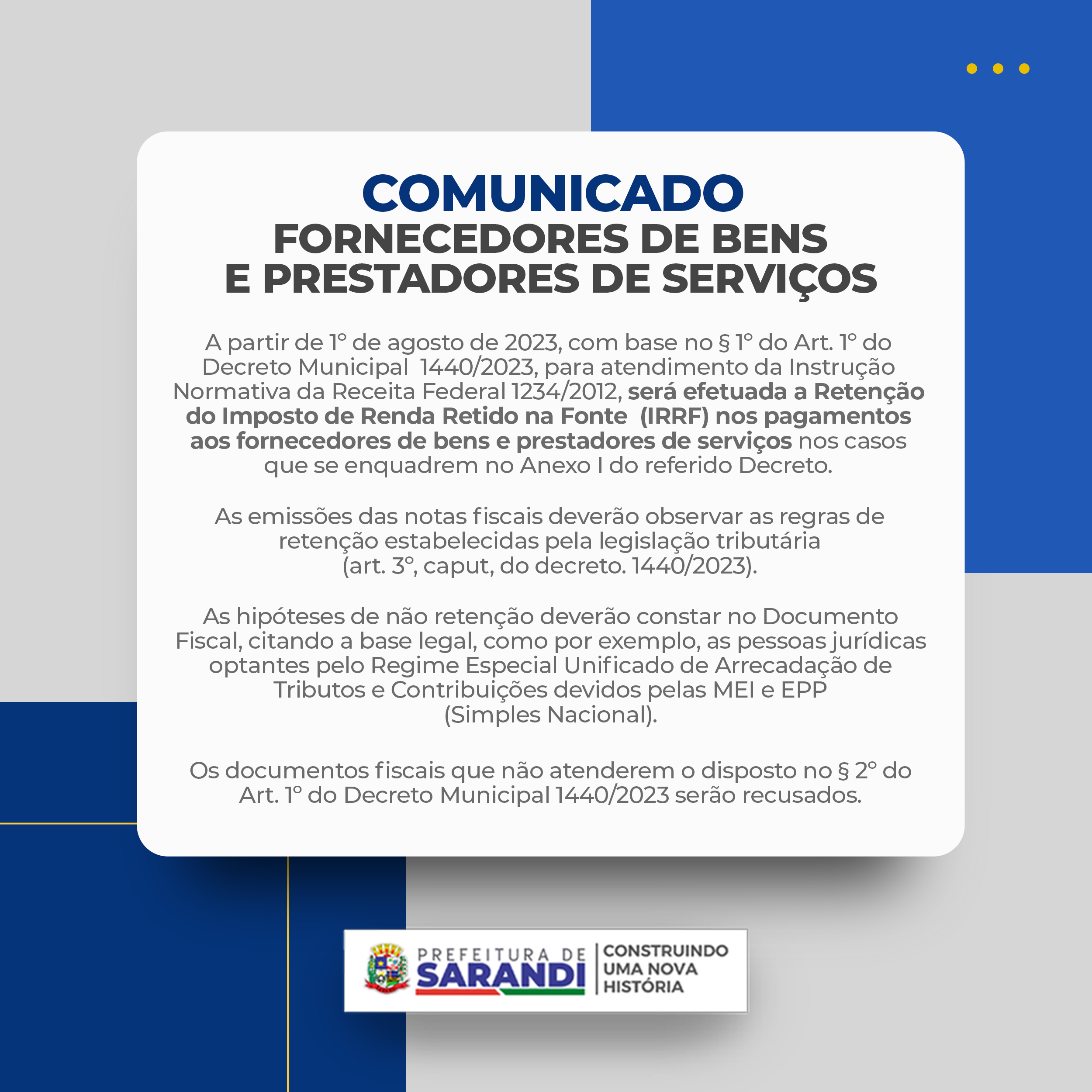 Prefeitura de Sarandi inicia retenção de IRRF de fornecedores de bens e serviços dia 1º de agosto